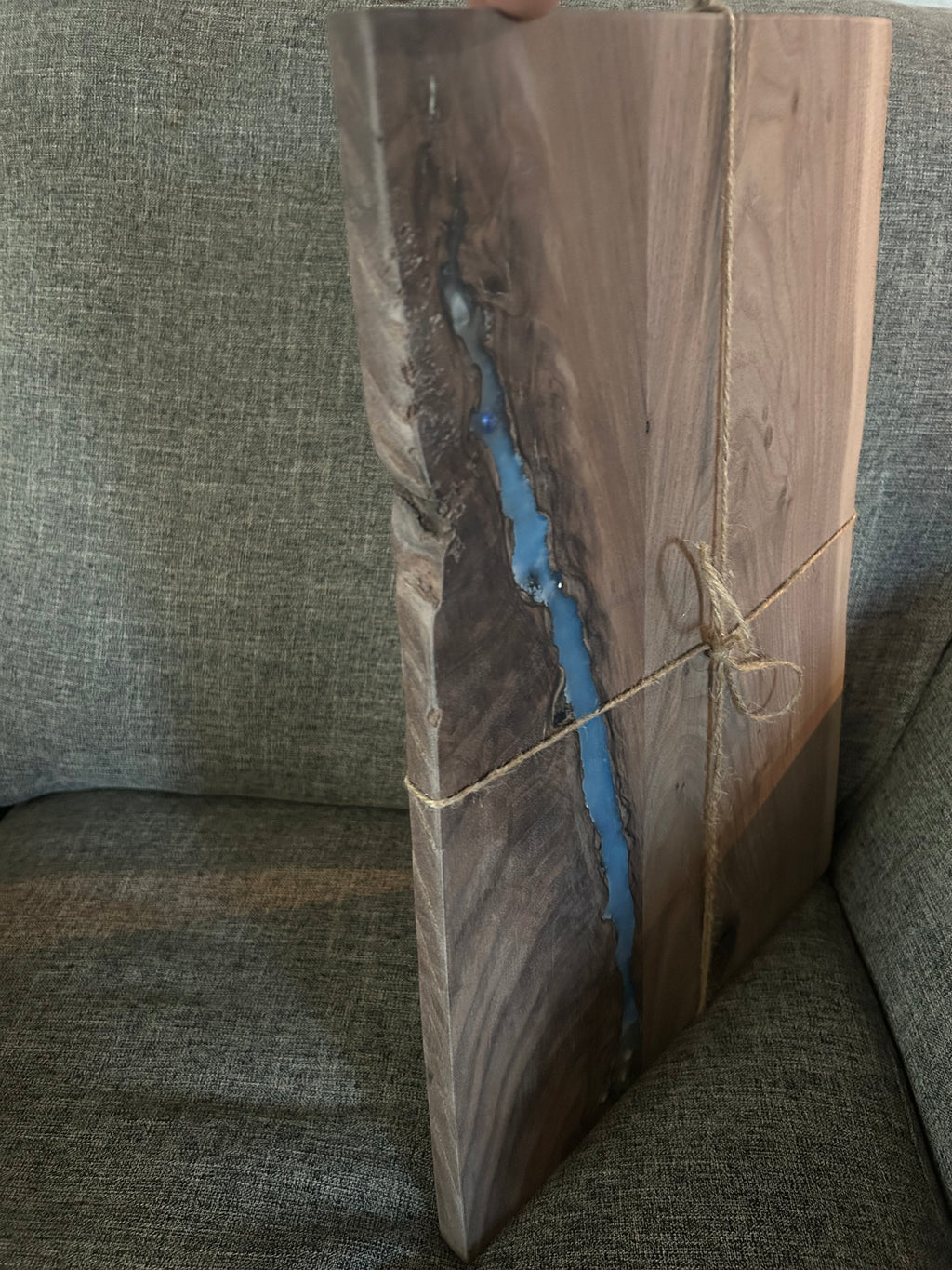 Live Edge Walnut & Deep Blue Epoxy River Charcuterie Board
