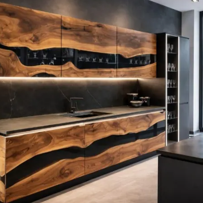 Modern kitchen with wooden cabinets and black countertops