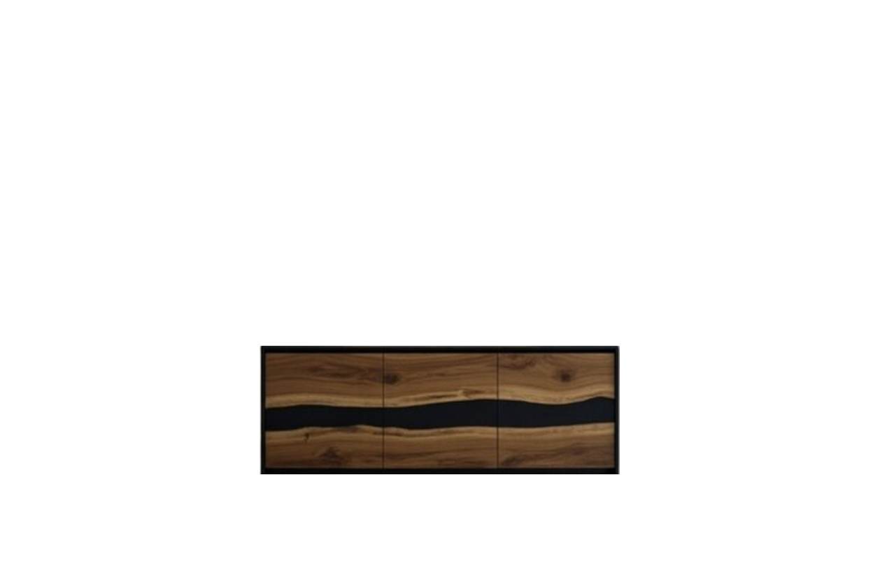 Three book-matched oak slab cabinet doors featuring a continuous black epoxy river running horizontally through the wood grain.
