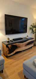 Live Edge Oak & Black Epoxy Custom TV Console | Handcrafted by WOODenLOX