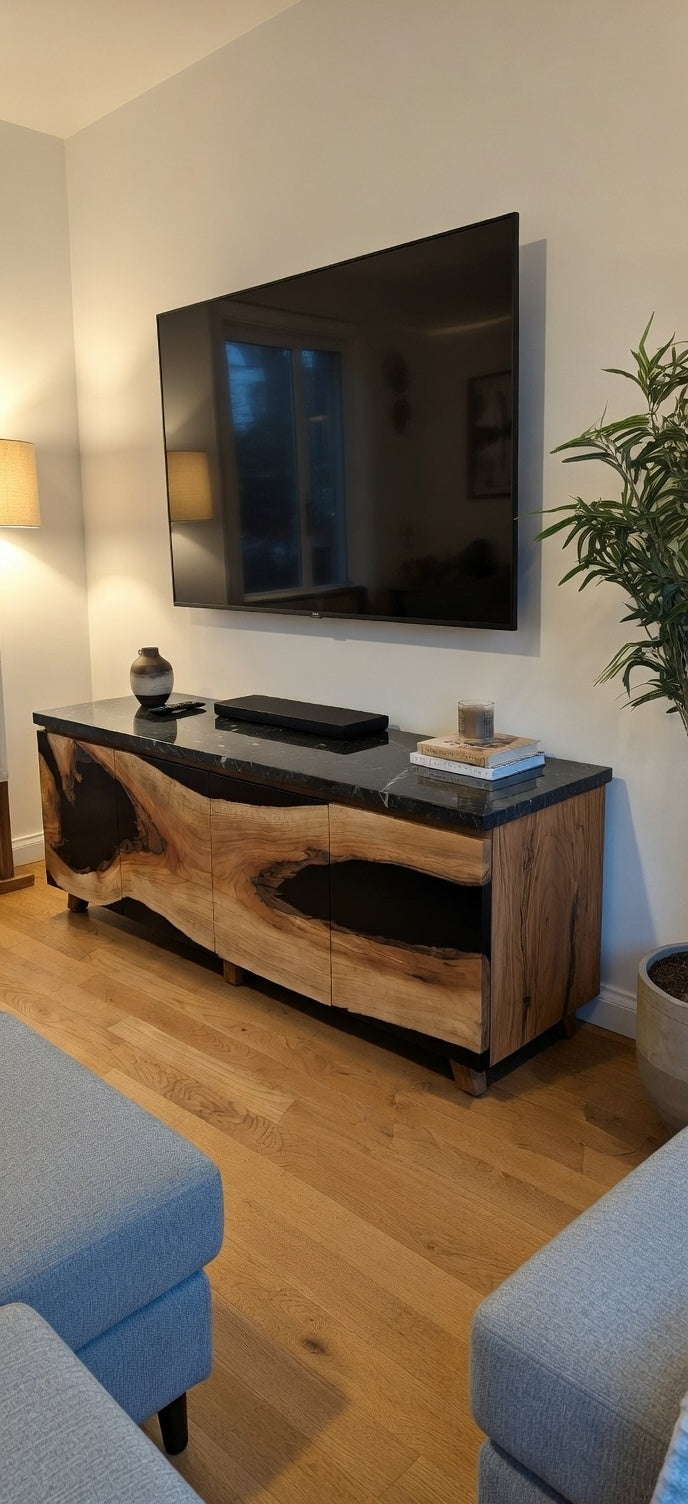 Live Edge Oak & Black Epoxy Custom TV Console | Handcrafted by WOODenLOX