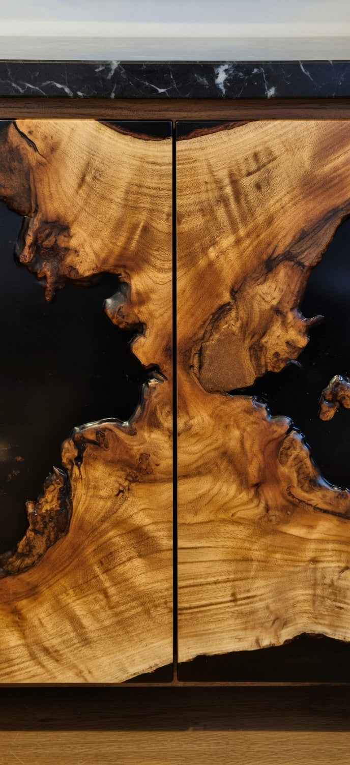 Live Edge Oak & Black Epoxy Custom TV Console | Handcrafted by WOODenLOX