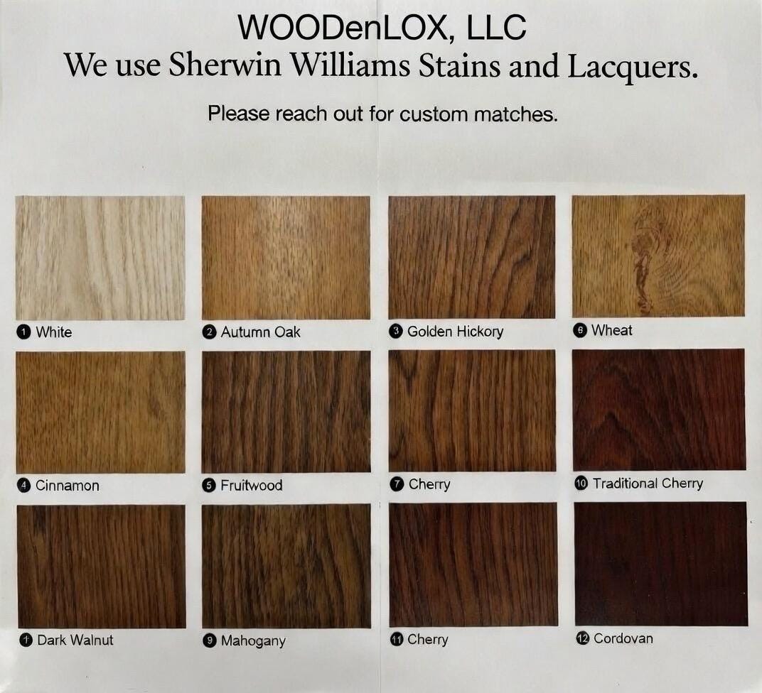 Wood color swatch chart for Sherwin Williams Stains and Lacquers by Woodenlox, LLC.