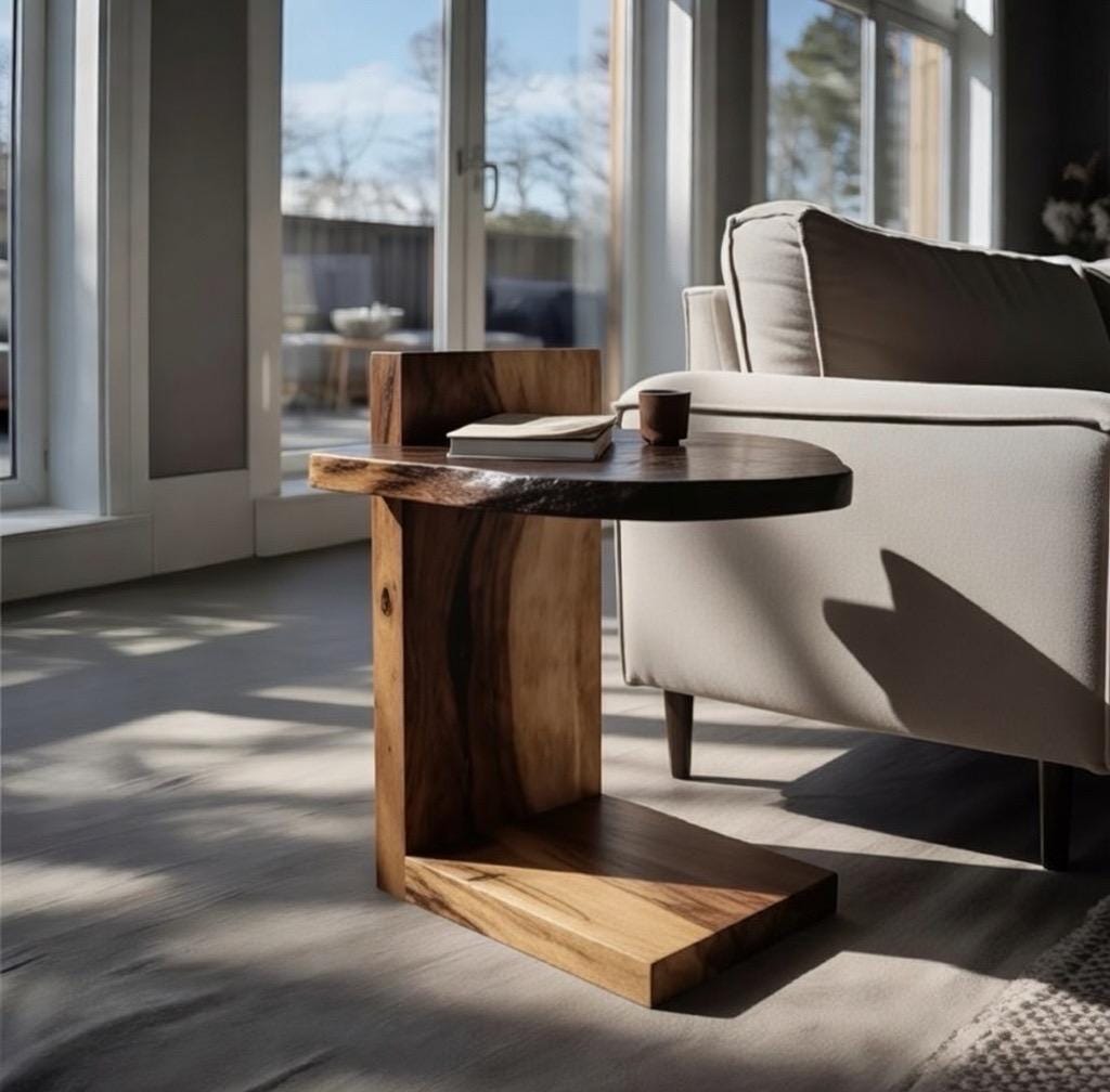 Handmade Live Edge Wood C Table | Modern Walnut Sofa Side Table | Handmade Couch Slide Under Table | Solid Wood Furniture