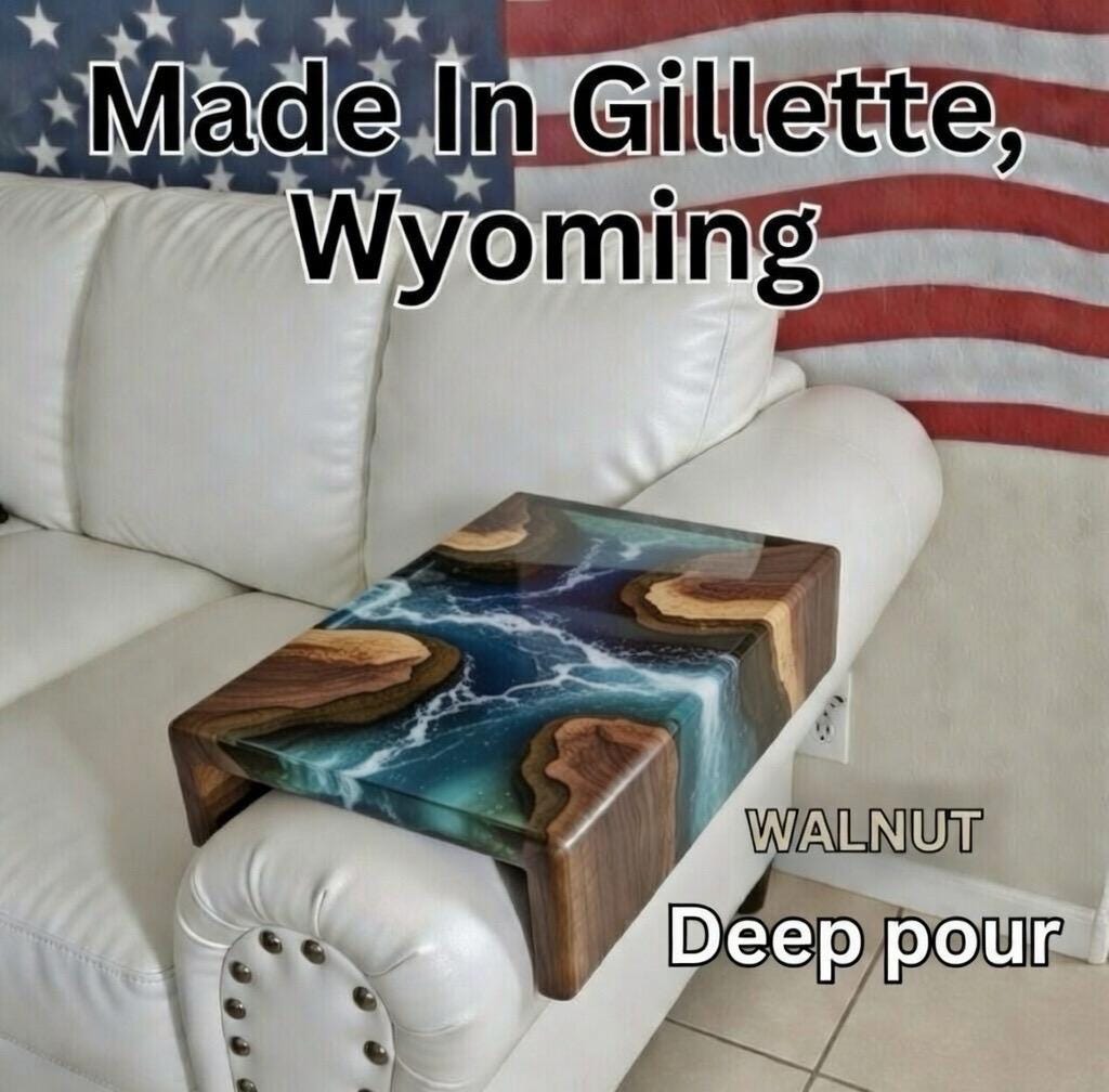 Live Edge Walnut & Epoxy River Sofa Arm Tray | Handmade Wooden Couch Armrest Table | Custom Gift | Sofa Sleeve Tray | C-Shaped Side Table