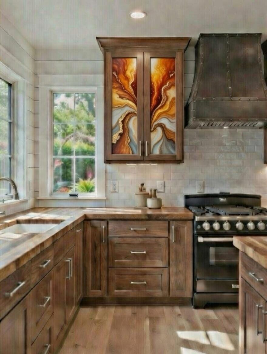 This image features a rustic-style kitchen highlighted by custom epoxy resin art panels integrated into the upper cabinet doors. 