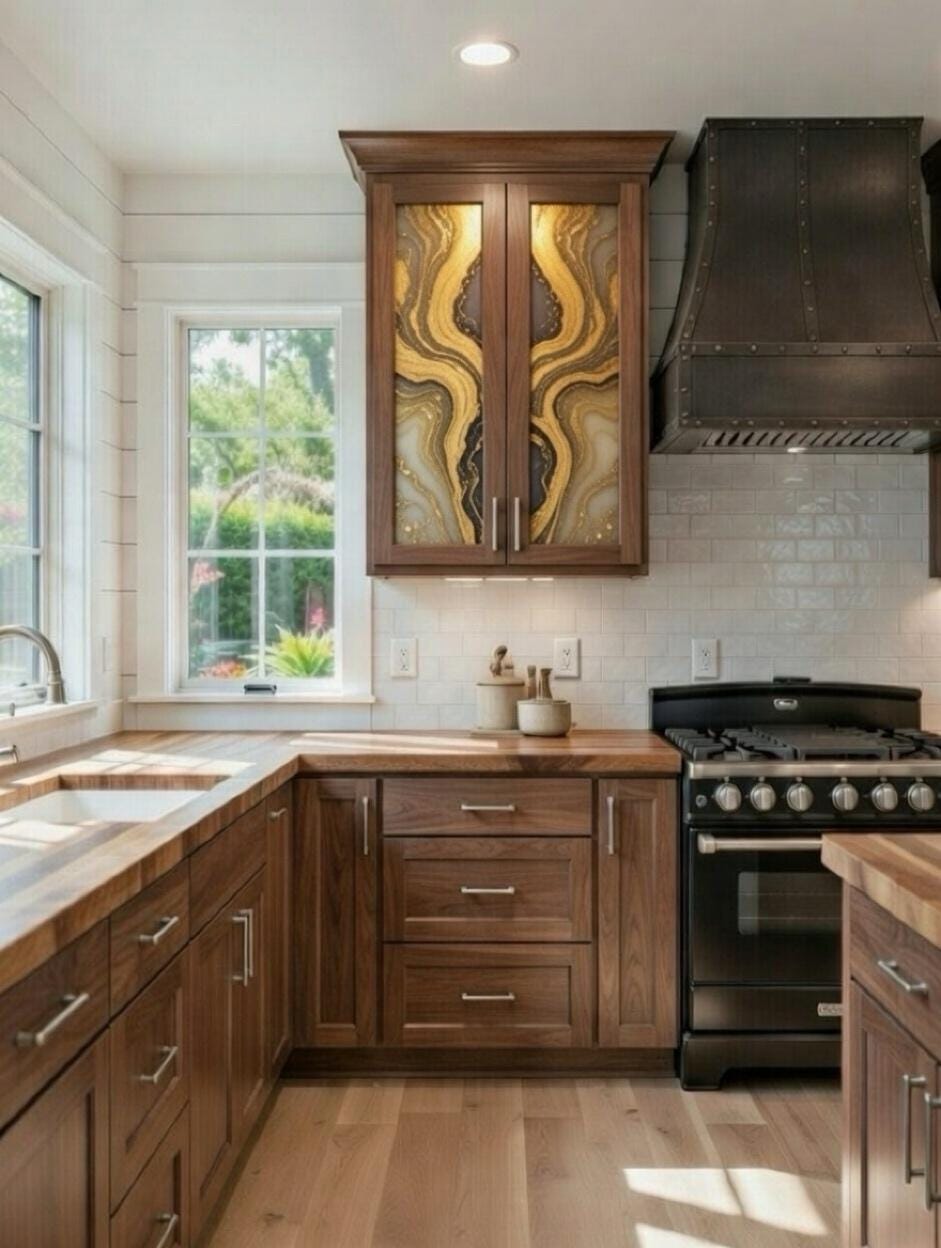 This image features a rustic-style kitchen highlighted by custom epoxy resin art panels integrated into the upper cabinet doors. 