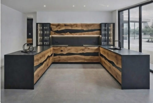 Book-matched oak slab cabinet doors featuring a continuous black epoxy river running horizontally through the wood grain.
