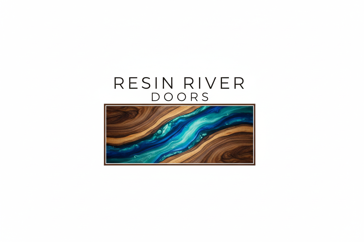Resin River Doors logo with a wooden door design featuring blue and brown colors on a white background.