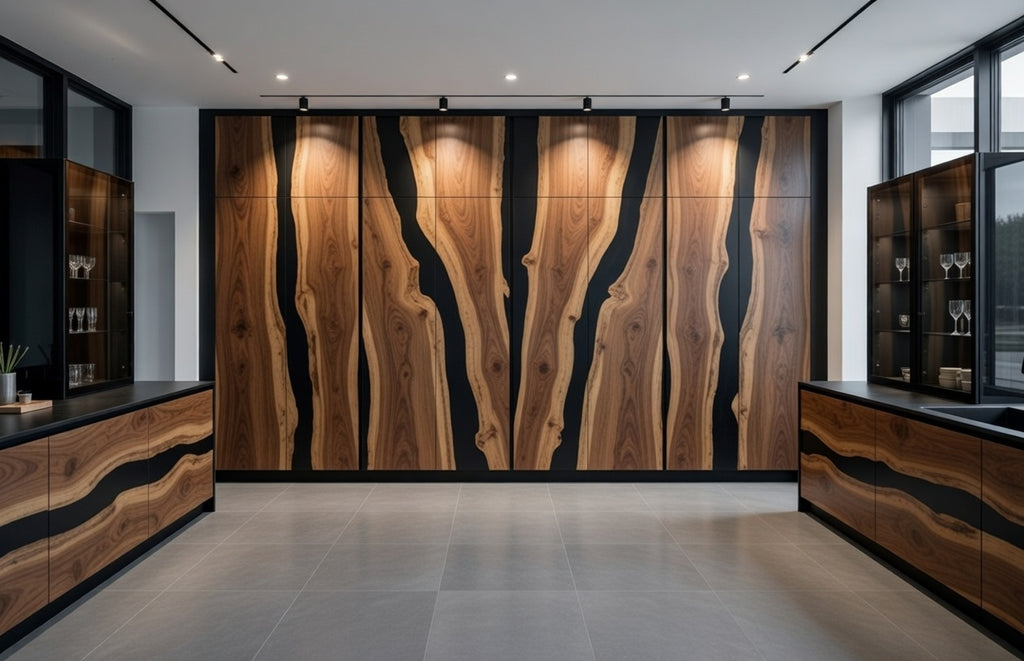 Book-matched oak slab cabinet doors featuring a continuous black epoxy river running horizontally through the wood grain.