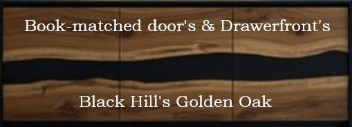 Three book-matched oak slab cabinet doors featuring a continuous black epoxy river running horizontally through the wood grain.